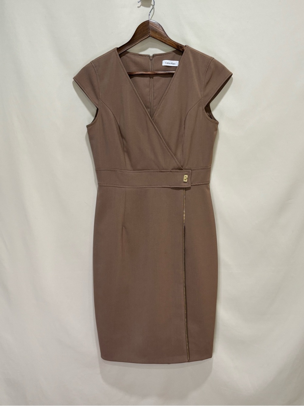 Calvin Klein Taupe Brown Sheath Midi Dress Women’s 6 Zipper Accent